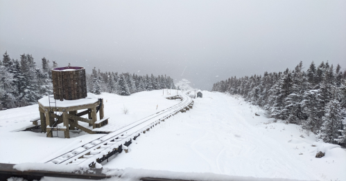 Snow-covered landscape with railway tracks winding through a forest of evergreen trees under a gray, overcast sky.