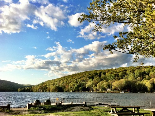 A serene lake surrounded by lush green hills and a partly cloudy sky, with a picnic area in the foreground.