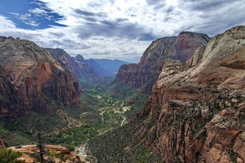 A panoramic view of Zion National Park, showcasing towering red rock cliffs and a winding river below under a cloudy sky.