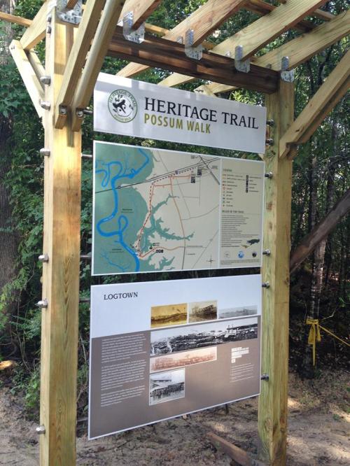 Sign for the Heritage Trail featuring a map and information about Possum Walk and Logtown.