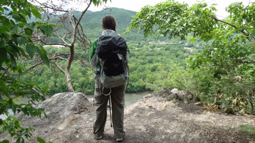 A hiker stands on a rocky ledge, overlooking a lush green valley and river below, surrounded by trees.