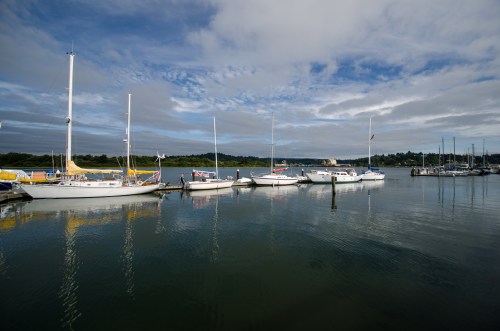 A calm marina with several sailboats docked, reflecting in the water under a cloudy sky.