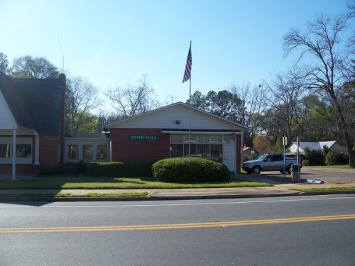 A small town hall building with an American flag, surrounded by greenery and a clear blue sky.
