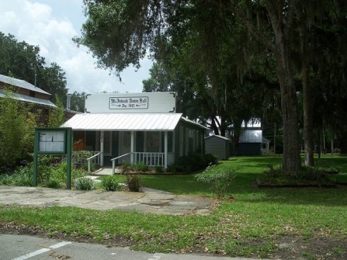A small, green building with a white roof and sign reading "McIntosh Town Hall," surrounded by grass and trees.