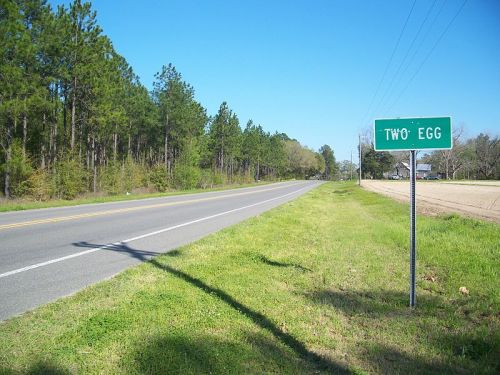 A rural road with a sign for "Two Egg," surrounded by trees and open fields under a clear blue sky.