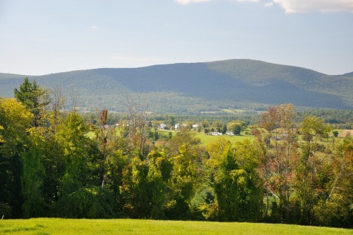A scenic view of rolling hills and lush greenery under a clear blue sky.