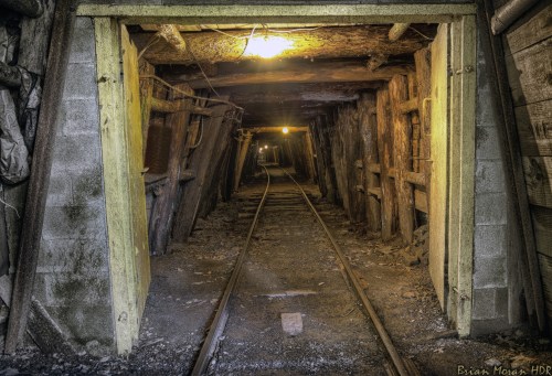 Dimly lit mine tunnel with wooden supports and railway tracks leading into the distance.