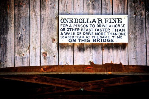 Sign on a wooden bridge warning of a one dollar fine for driving a horse or beast faster than a walk.