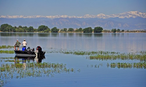 Two fishermen in a boat on a calm lake, surrounded by greenery and mountains in the background under a clear blue sky.