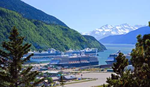 A scenic view of cruise ships docked near a lush green hillside and snow-capped mountains under a clear blue sky.