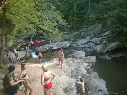 A group of people enjoying a natural swimming area with rocks and trees, some swimming and others relaxing by the water.