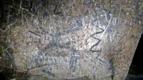 Ancient rock surface with various carvings and markings, showcasing intricate designs and symbols.