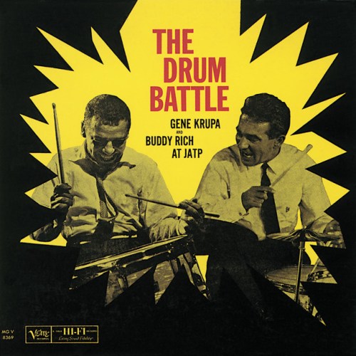Album cover featuring Gene Krupa and Buddy Rich in a drum battle, with bold yellow and black design.