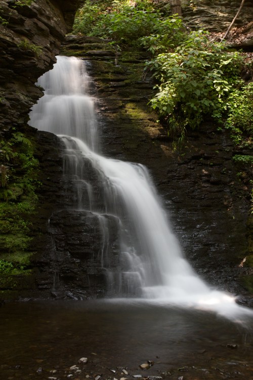 A serene waterfall cascading over mossy rocks into a calm pool, surrounded by lush greenery.