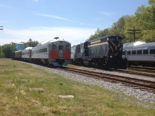 Two trains parked on parallel tracks, surrounded by greenery and utility poles under a clear blue sky.