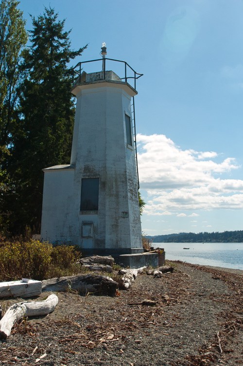 A weathered lighthouse stands by a calm shoreline, surrounded by trees and driftwood under a clear blue sky.