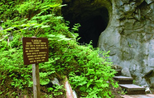 A cave entrance surrounded by lush greenery, with a sign detailing safety and access information nearby.