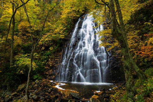 A serene waterfall cascades down rocky cliffs, surrounded by vibrant autumn foliage in a tranquil forest setting.