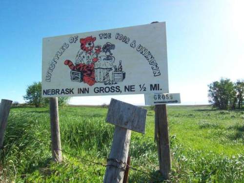 Sign for Nebraska Inn Gross, featuring a cartoon character and the text "Lifestyles of the Poor & Unknown," in a grassy area.