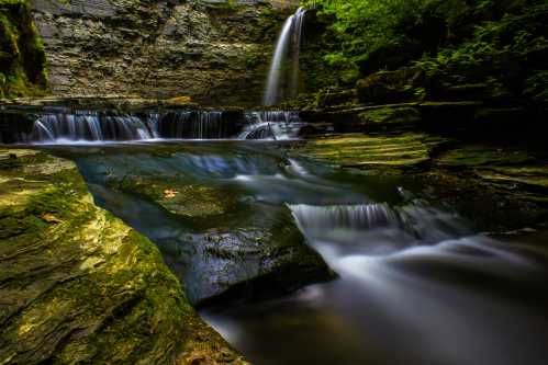 A serene waterfall cascades into a tranquil pool, surrounded by lush greenery and rocky terrain.