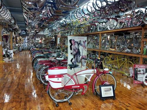 A vintage bicycle museum filled with colorful bikes and displays, showcasing a variety of classic models and memorabilia.
