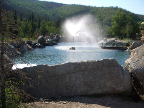 A serene pond surrounded by greenery, featuring a fountain that creates a heart-shaped spray of water.