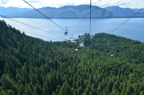 Aerial view of a zip line over lush green forests, with a lake and mountains in the background.