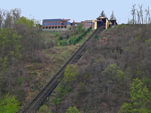 A steep hillside with a funicular railway leading to a building at the top, surrounded by trees and greenery.
