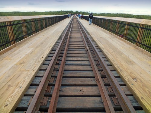 View of a wooden bridge with railway tracks, surrounded by greenery and people walking in the distance.