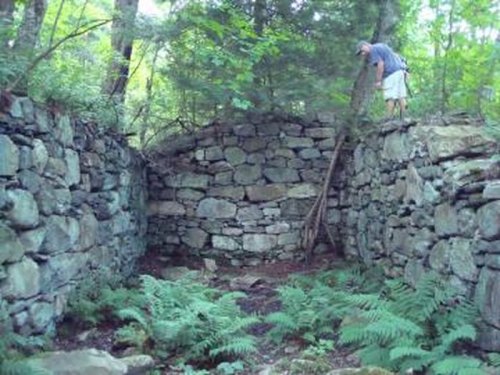 A person stands on a stone wall in a forested area, surrounded by moss and ferns, near an old stone structure.