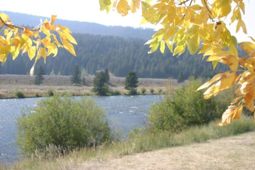 A serene river scene framed by autumn leaves, with mountains and trees in the background.
