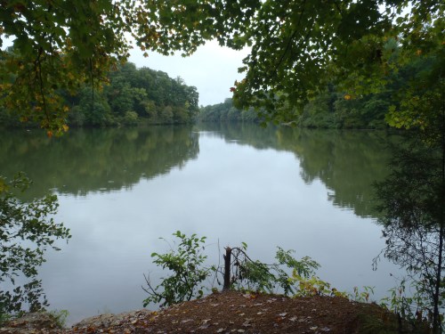 A calm lake surrounded by trees, reflecting the overcast sky and greenery along the shore.