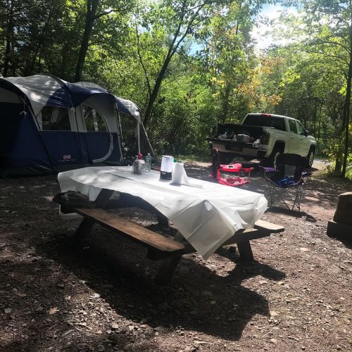 A campsite with a tent, picnic table set for meals, and a truck parked nearby, surrounded by trees.