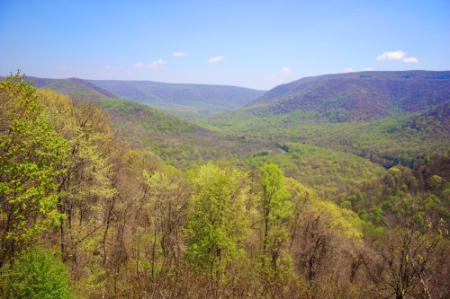 A scenic view of lush green valleys surrounded by rolling hills under a clear blue sky.