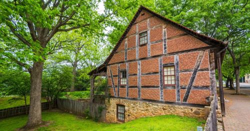 an old historic brick building in Old Salem, near Winston Salem, North Carolina