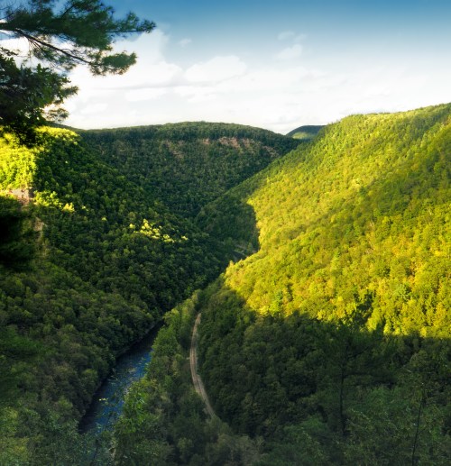 Lush green mountains and a winding river under a clear blue sky, showcasing a serene natural landscape.