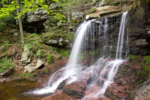 A serene waterfall cascading over rocky ledges, surrounded by lush greenery and mossy stones.