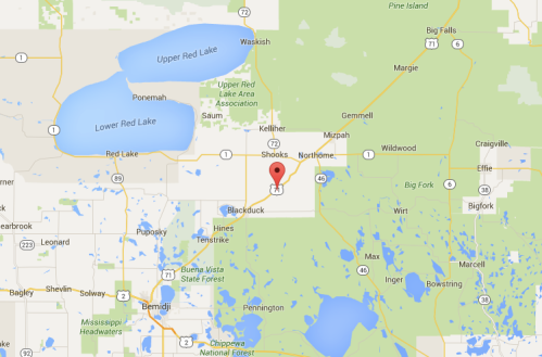 Map showing the area around Blackduck, Minnesota, with nearby lakes and highways marked.