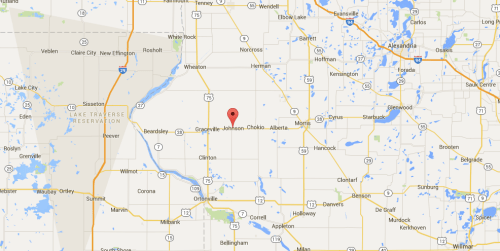 Map showing a rural area in Johnson County, with a red marker indicating a specific location.