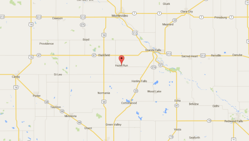 Map showing the location of Hoard Run, a small area in Minnesota, surrounded by highways and rural land.