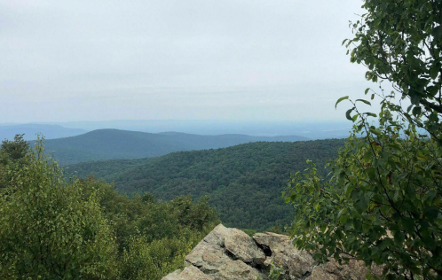 A panoramic view of rolling green mountains under a cloudy sky, with rocky foreground and lush trees.