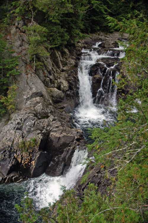 A cascading waterfall flows over rocky terrain, surrounded by lush green trees and a serene natural landscape.