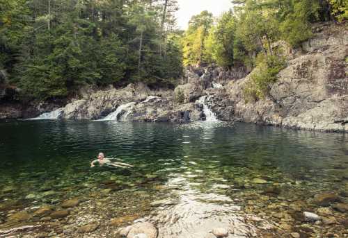 A person swims in a clear, greenish pool surrounded by rocky terrain and lush trees, with a waterfall in the background.