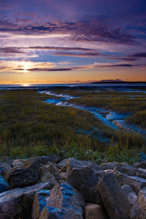 A serene coastal landscape at sunset, featuring rocky foreground, grassy marsh, and colorful clouds in the sky.