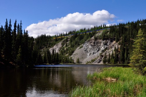 A serene lake surrounded by lush greenery and tall trees, with a train traveling along a hillside in the background.