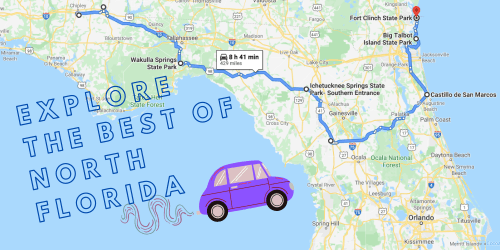 Map of North Florida highlighting a road trip route with text "Explore the Best of North Florida" and a purple car icon.