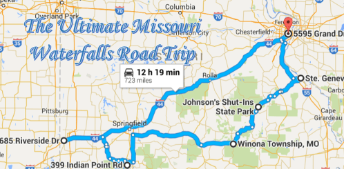 Map showing the route for "The Ultimate Missouri Waterfalls Road Trip," covering 723 miles and taking 12 hours 19 minutes.