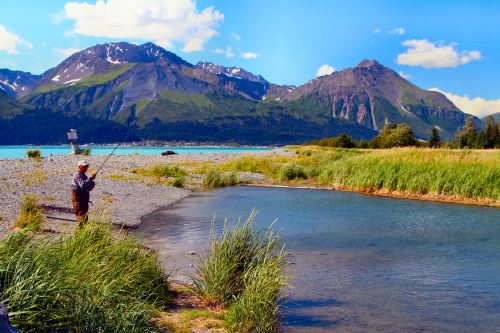 A fisherman stands by a river surrounded by lush greenery and mountains under a clear blue sky.