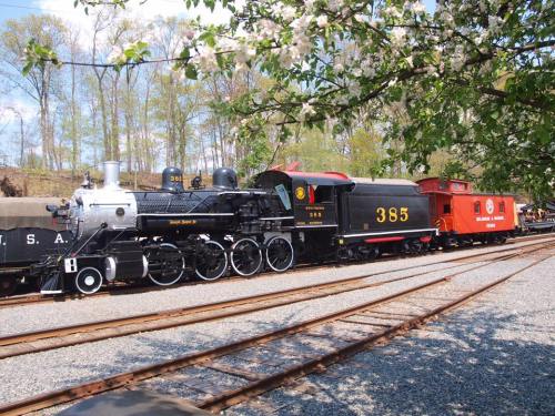 A vintage steam locomotive and red caboose parked on a gravel track, surrounded by trees and blooming flowers.