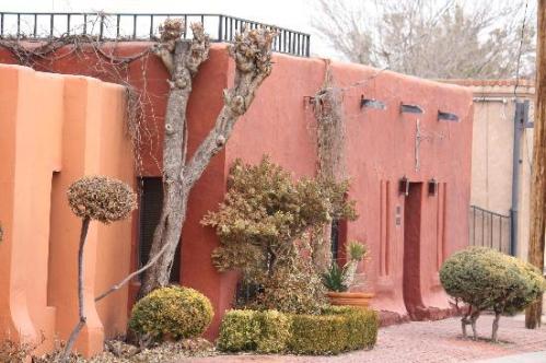 A colorful adobe building with unique landscaping, featuring trimmed bushes and trees in a desert setting.